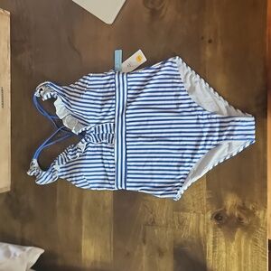 Cupshe Blue and White Striped Ruffled One-Piece XXL
